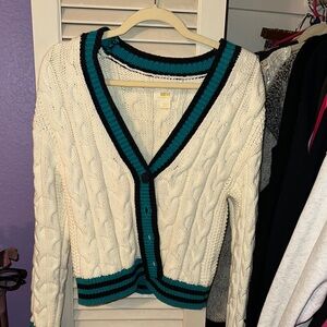 Anthropologie Cream and Blue Cable Knit Cardigan Sweater